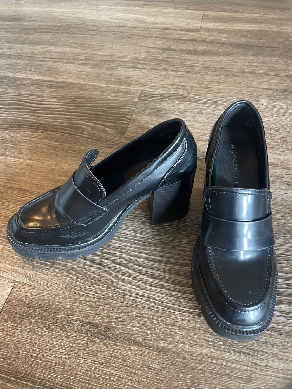 Madden Girl Black Patent Chunky Heel Loafer